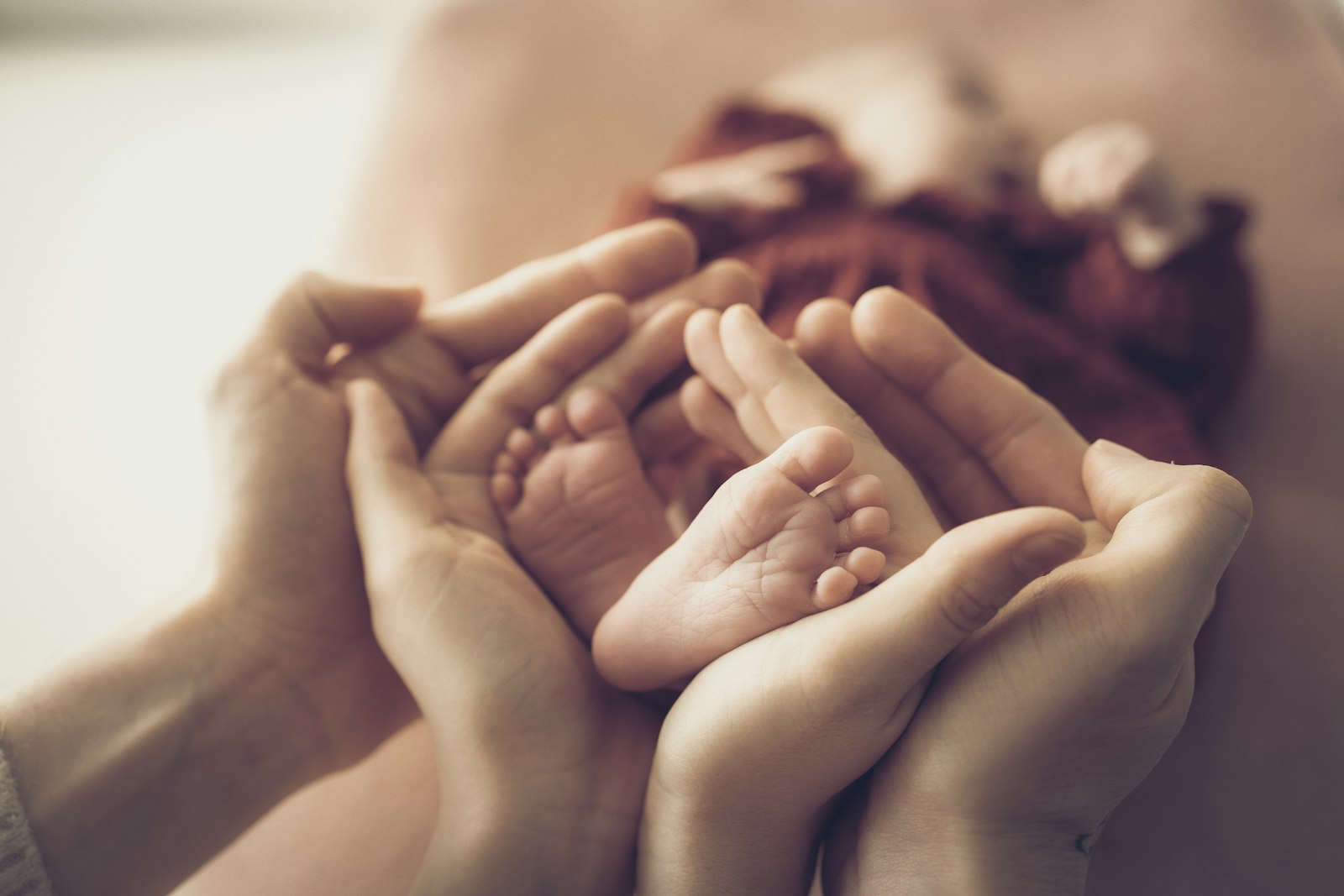 Parent's hands gently holding a newborn baby's feet