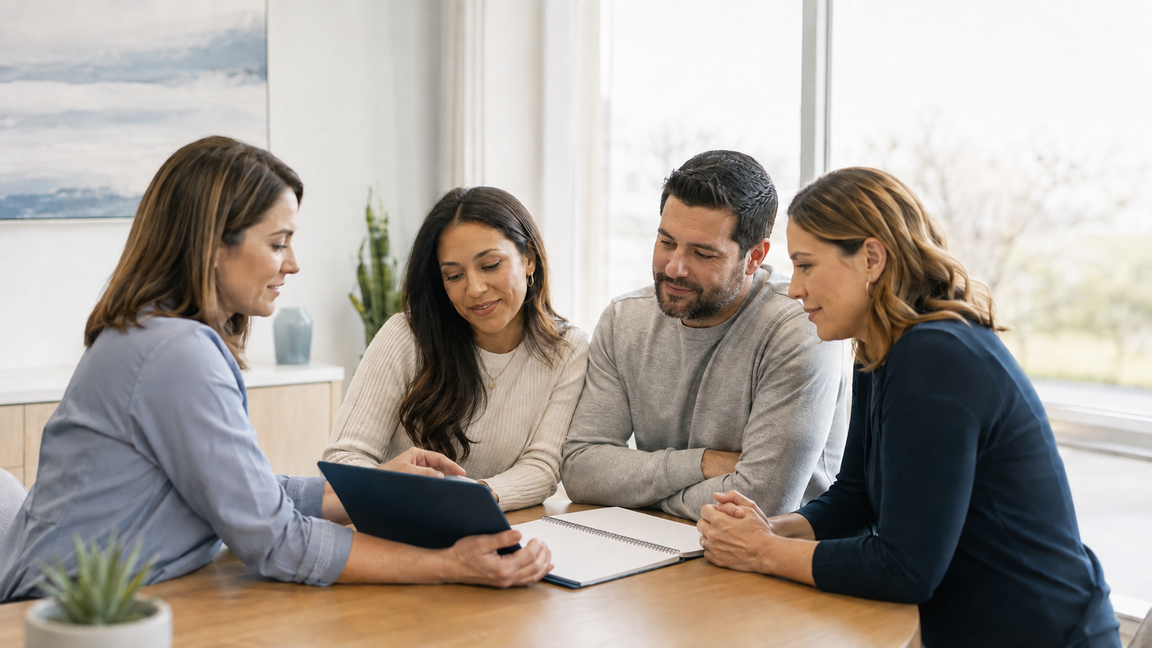 Intended parents and gestational carrier reviewing the surrogacy process before embryo transfer